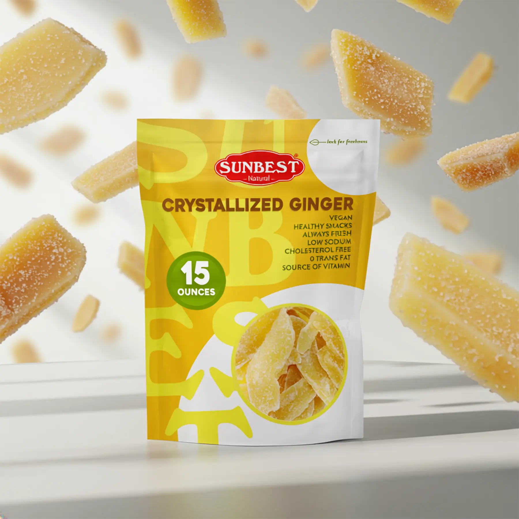Sunbest Natural - Crystallized Ginger Sliced & Ginger 15 Oz Bag - Crystallized Ginger for Baking and for Snacking, Vegan Dried Ginger, Non-GMO, Kosher Ginger Candy in Resealable Bags