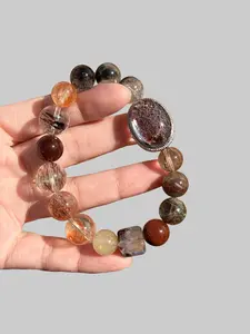 Super Seven & Rutilated Quartz Bracelet with Phantom Cabochon Center 8–12mm Statement Crystal Gift for Motherhood Elegance & Healing Energy