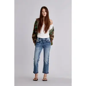 rr Women's Casual Cotton Denim Embroidered Jeans - Crop Streetwear Bottoms, Stylish Embellished Womens Clothes