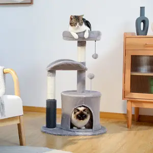 32.7" Cat Tree Tower for Indoor with Self Groomer Brush, Sisal Scratching Post, Dangling Ball for Small, Medium Cats, Gray