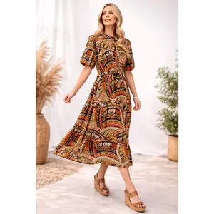 Gigio Bubble Sleeve Midi Dress with Waist Tie - Black Multi