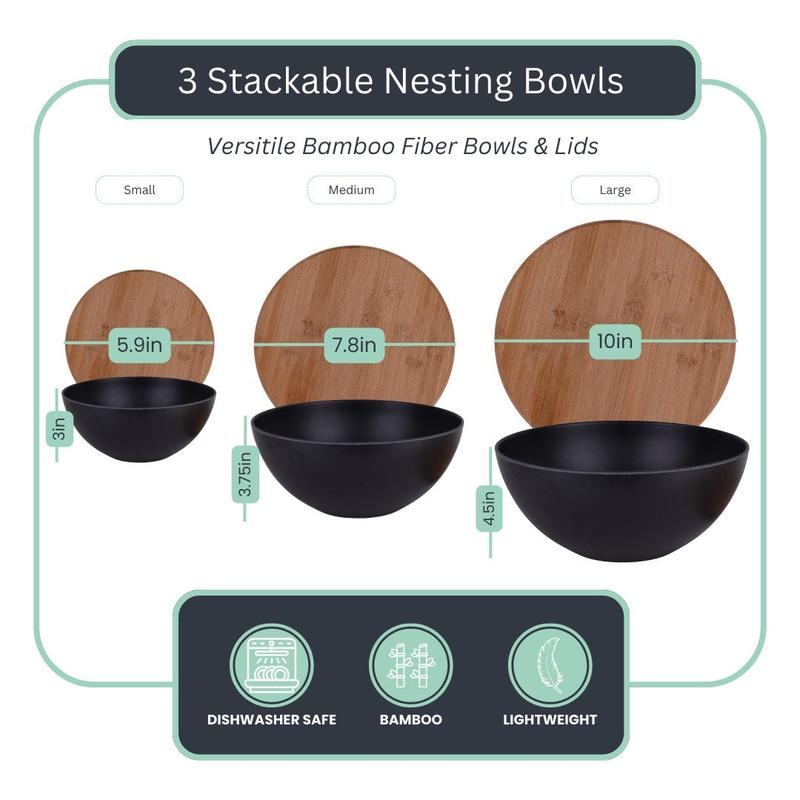 LovaHome Bamboo Serving Bowl Set with Cutting Board Lids 3 Bowls Utensils Eco Friendly Nesting Bowls for Salads Fruit Chips Dip Popcorn Veggies Sides