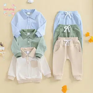Toddler Baby Boys Fall Set, Plaid Long Sleeve Lapel Tops and Solid Color Bow Pants with Pocket, Casual Baby Boy Set, 2 Pcs Outfits
