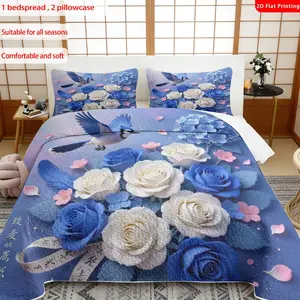 3pcs, 2D Flat Print Elegant Blue Jay & Hydrangea Rose Floral Quilted Bedspread Set, Romantic Spring Atmosphere, Soft Comfort, Multiple Sizes Available, Bedding Set, Festive Decorative Bedding, Ideal for Bedroom Decor(1 bedspread , 2 pillowcase)