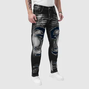Men's High Cotton Y2K Black Denim Skinny Jeans, Retro Extreme Distressed Ripped with Blue Patchwork & Frayed Edges, Grunge Streetwear Punk Trousers for Men