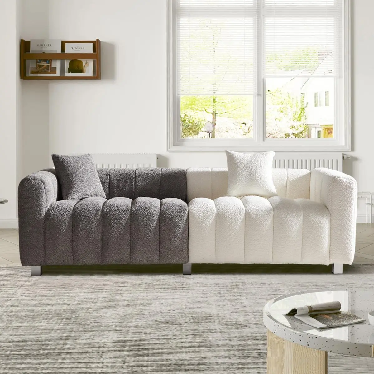 2-Tone Piano Key Modular Sectional Couch, Teddy Fabric Bubble Sofa with Fixed Arms, Durable Metal Legs, Modern Upholstered Loveseat with 2 Pillows for Living Room, Bedroom