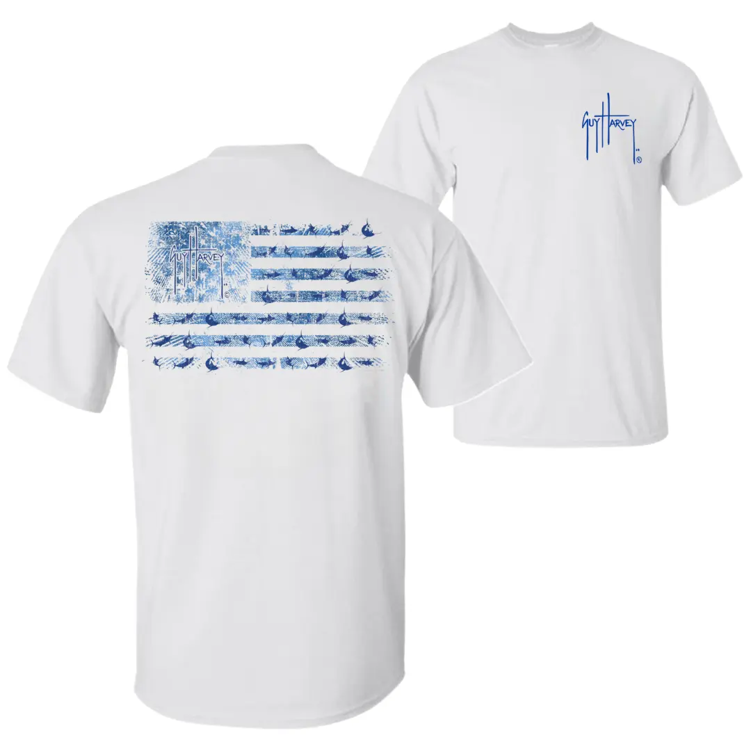 Guy Harvey Menswear Short-Sleeve T-Shirt - USA Flag Fishing Graphic, Soft Cotton Blend Top, Patriotic Casual Apparel, Sportsman’s Gift for Men, Tshirt, Shortsleeve, Round Neck, Flag Pattern, Patriotic Print, Machine Wash, Graphic T Shirts, Mens Clothing,,