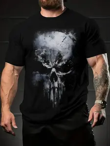 Men's Gothic Skull Print T-Shirt - Short Sleeve Casual Round Neck Tee with Edgy Bone Design, Machine Washable All-Season Top for Casual Attire & Themed Events, Regular Fit Round Neck Shirt