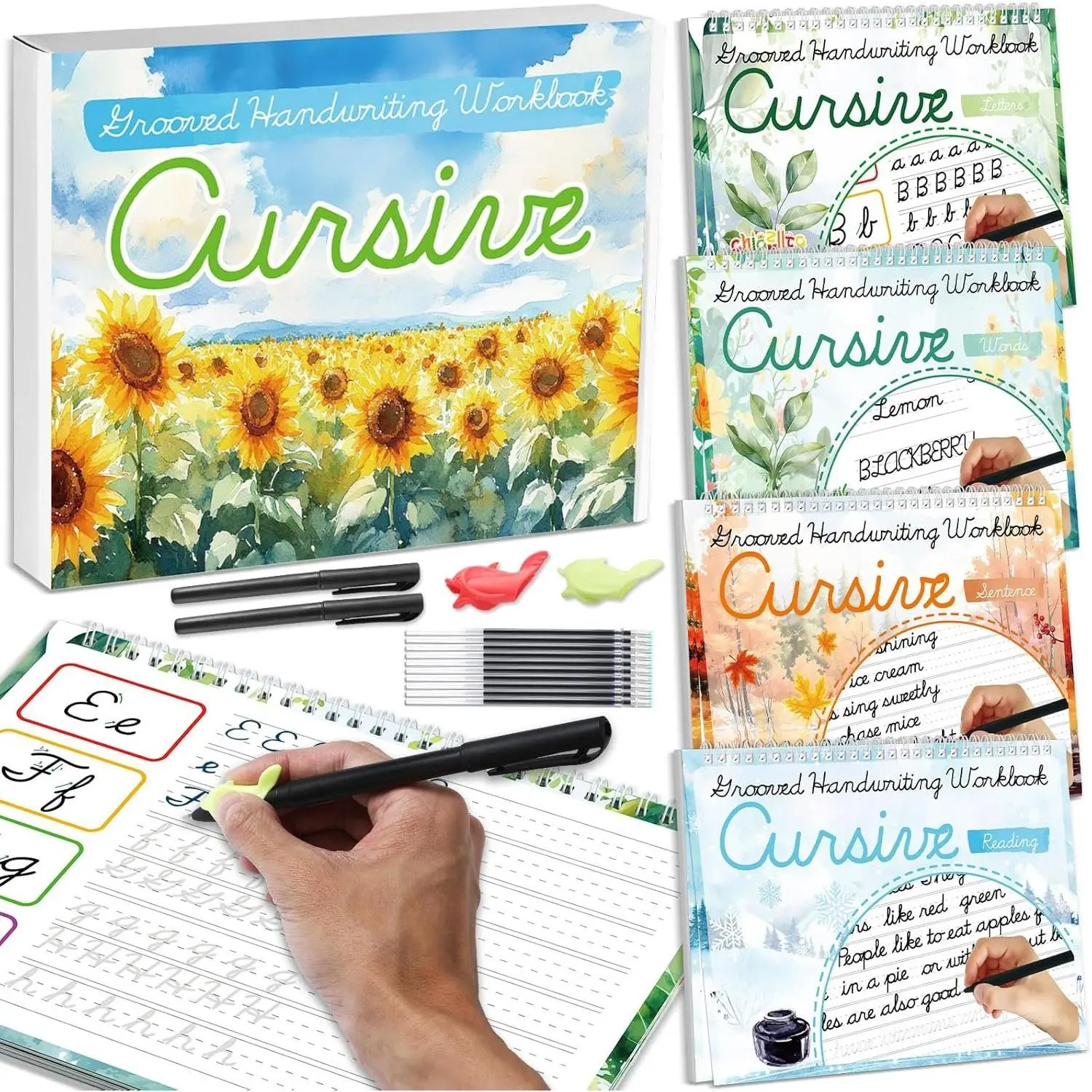 4 Pack Grooved Cursive Handwriting Practice Kit with Disappearing Ink Pens Magic  Grooved Cursive Writing Workbooks Copybook for Beginners  (Words&Sentence&Reading&Letters)