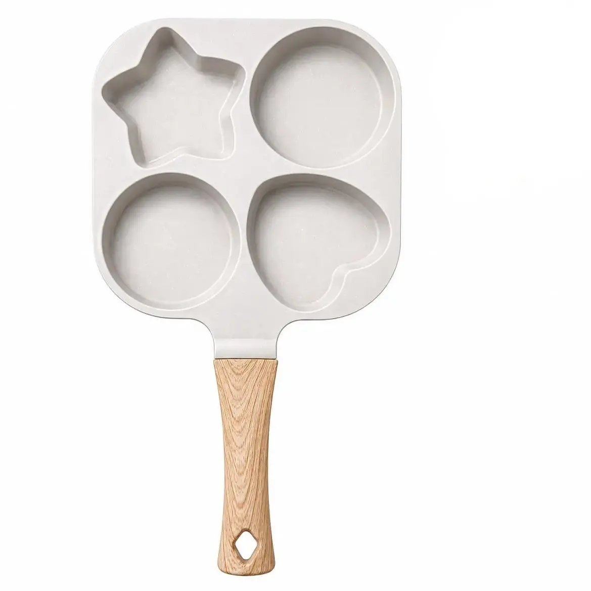 4-Cavity Non Stick Egg Frying Pan with Heart Star Round Shapes Wooden Handle Multi Compartment Breakfast Skillet Pancake Omelet Cookware for Gas Induction Stove