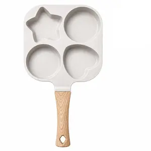 4-Cavity Non Stick Egg Frying Pan with Heart Star Round Shapes Wooden Handle Multi Compartment Breakfast Skillet Pancake Omelet Cookware for Gas Induction Stove