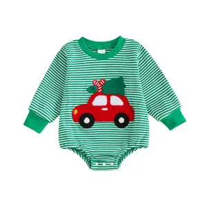 Infant Baby Boy Waffle Striped Sweatshirt Romper Truck Christmas Tree Embroidery Long Sleeve Fall Winter Jumpsuit 0-18 Months