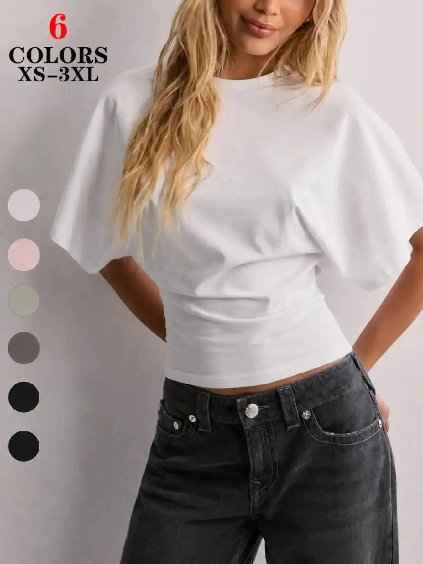 2026 New Fashionable Elegant Solid Color Casual VersatileWaist Ruched Womenswear T-Shirt Fit, Suitable For Daily, School, Beach,Vacation, And Home Wear Black Summer
