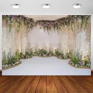 Romantic Floral Wedding Backdrop Curtain Style Polyester Fabric Photography Background Wrinkle Resistant HD Print Proposal Ceremony Decor Photo Booth