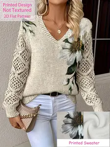 Women's V Neck Hollow Out Long Sleeve Knit Sweater, Knitwear, Floral Print, Casual Office Wear, Home Office, Versatile Pullover Top