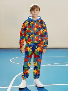 Boys' Colorful Puzzle Full-Print Casual Set, Hooded Sweatshirt & Drawstring Pants Two-Piece, Hoodies & Sweatpants, Regular Fit, Fall&winter Wear