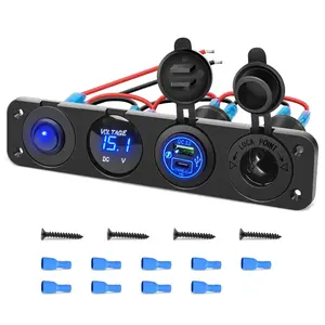 Nilight 4 in 1 ON/OFF Blue Charger Socket Panel w/ PD Type C QC 3.0 USB Voltmeter Cigarette, Car-Mounted Chargers
