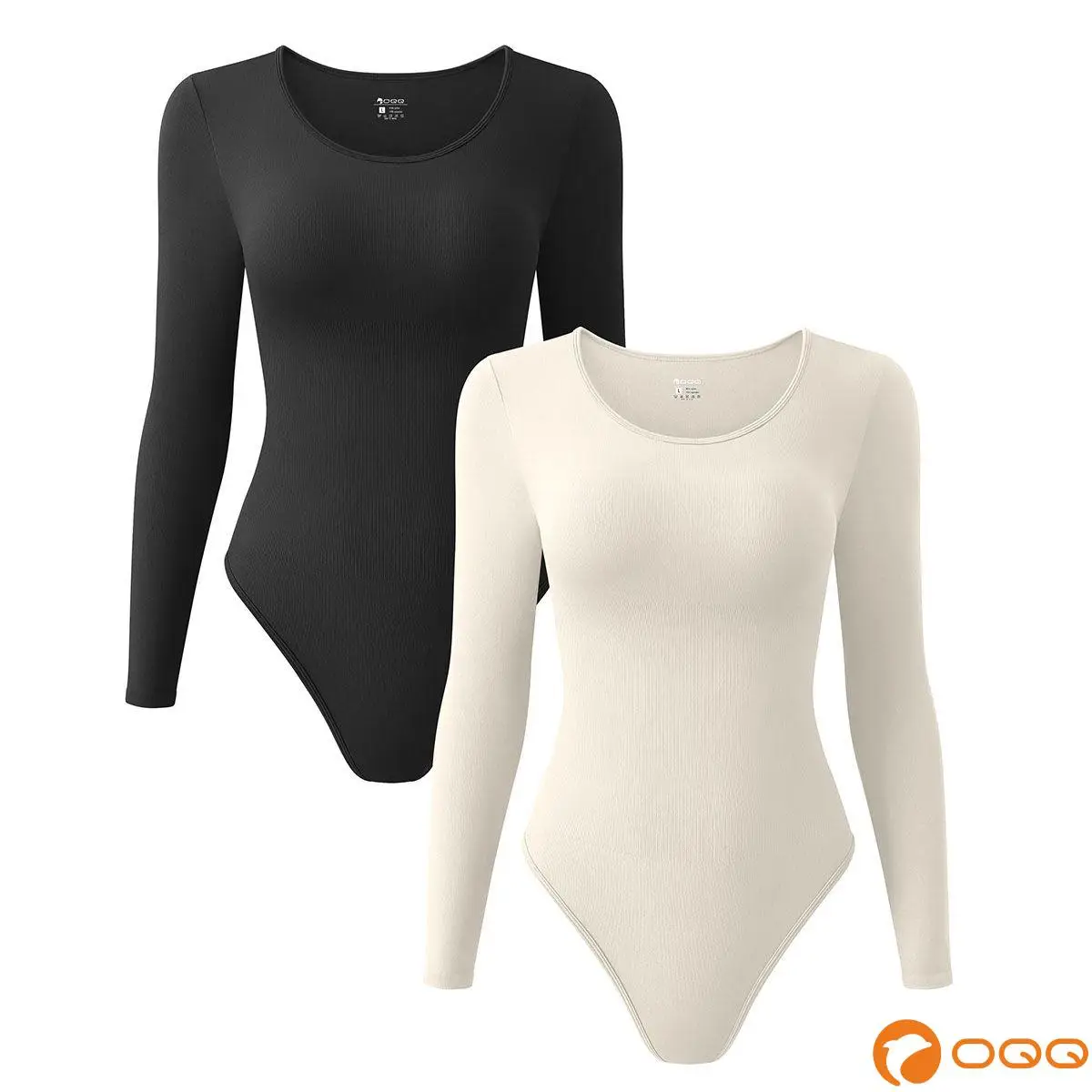 OQQ Women's Ribbed Bodysuit Set - Sexy Round Neck Long Sleeve 2 Piece - Tops, Womenswear