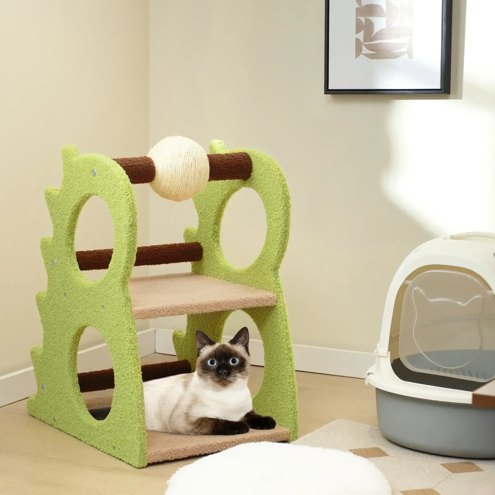 COSTWAY - 2-Tier Modern Cat Tree for Indoor Cats with Rotatable Sisal Scratching Ball-Green