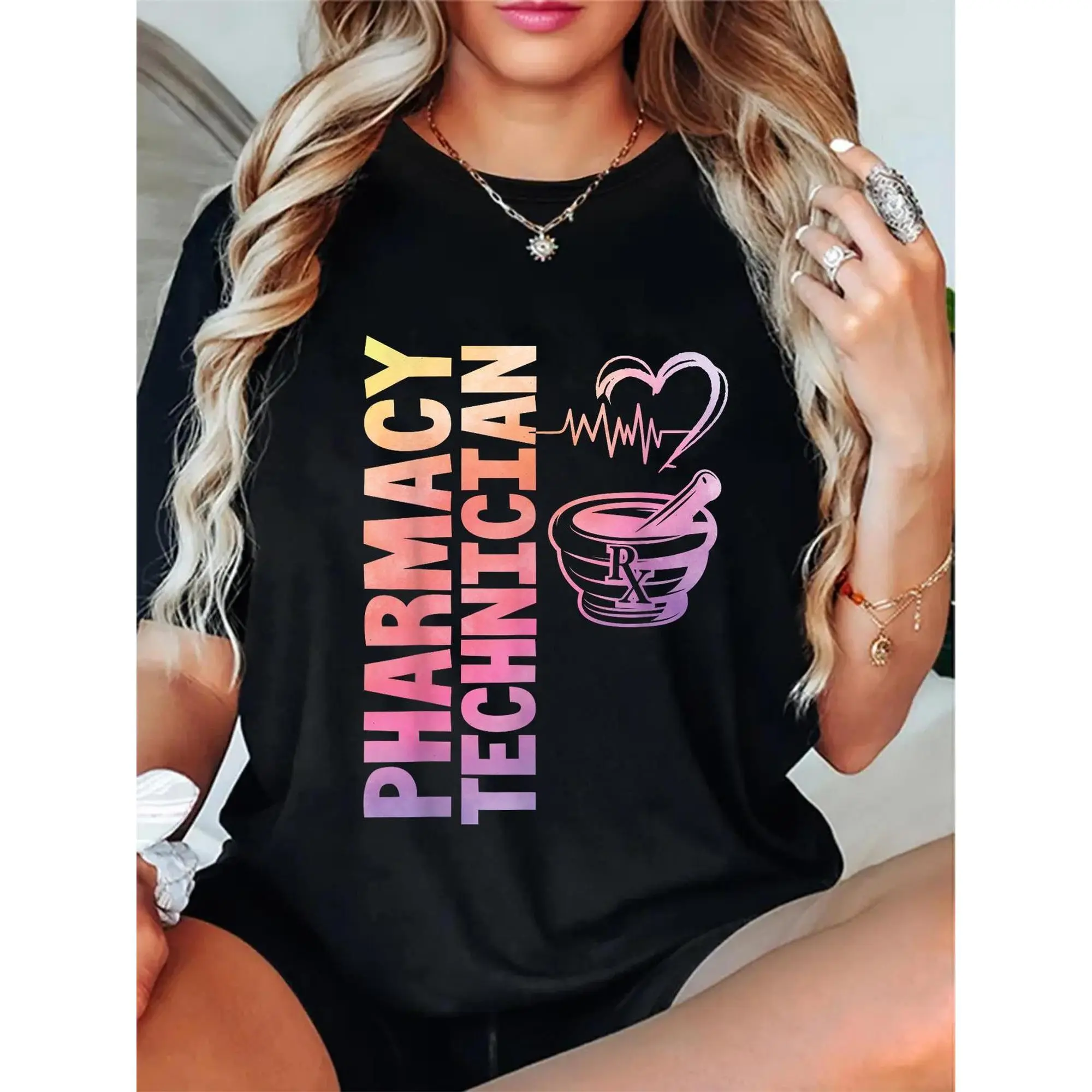 Women's Casual Graphic T-Shirt, Fitted 100% Cotton with Pharmacist Heartbeat Print, Round Neck Short Sleeve Basics for All Seasons