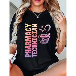 Women's Pharmacy Technician Pharmacist Heartbeat Mortar Print Short Sleeve Crew Neck T-Shirt 100% Cotton Top Womenswear Streetwear Tshirt