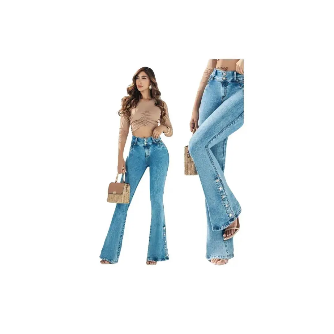 Colombian High Waisted Flare Jeans 4 Button Stretch Denim with Tummy Control All Seasons Fashion Adjustable Fit Casual Trouser