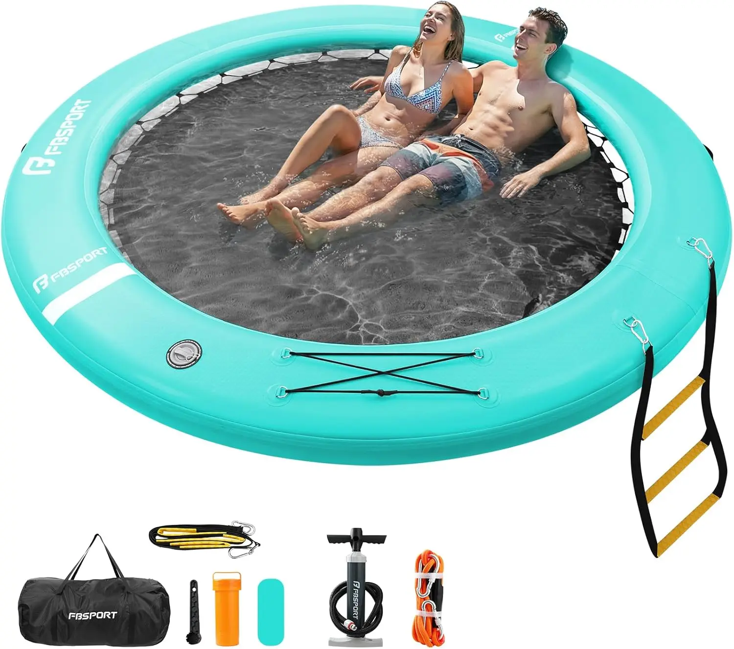 FBSPORT 8FT Round Inflatable Water Hammock for Lake & Beach Party, Heavy Duty Floating Dock Platform with Cup Holders, Large Pool Float Island Sun Lounger for Adults