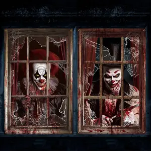 2/3 Pcs Halloween Window Cover Decoration, Bloody Creepy Clown Scene Curtains for Haunted House, Reusable Fabric Horror Decorations for Indoor Outdoor Party, 31 x 47 Inches