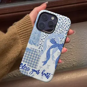 Blue Leopard Bow Pattern Phone Case for iPhone 17 Air 16 Pro Max 15 14 Plus 13 12 11 Pro, , Shockproof Rugged Cover Dual Layer Soft TPU Hard Bumper Hard Shell