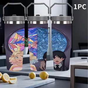 1pc 30oz Enid & Wednesday:The Roommate Bond Stainless Steel Insulated Cup with Anti-Spill Lid and Straw, Dual-Layer Travel Mug for Hot & Cold Drinks, Ideal Gift