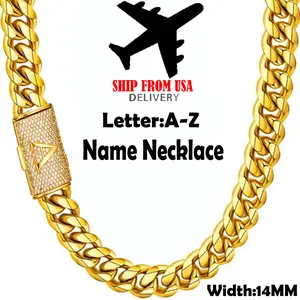 14MM Initial Name Necklace Letter A-Z 18K Gold Plated Stainless Steel Hip Hop Charm Necklace Jewelry Miami Cuban Link Chain For Men