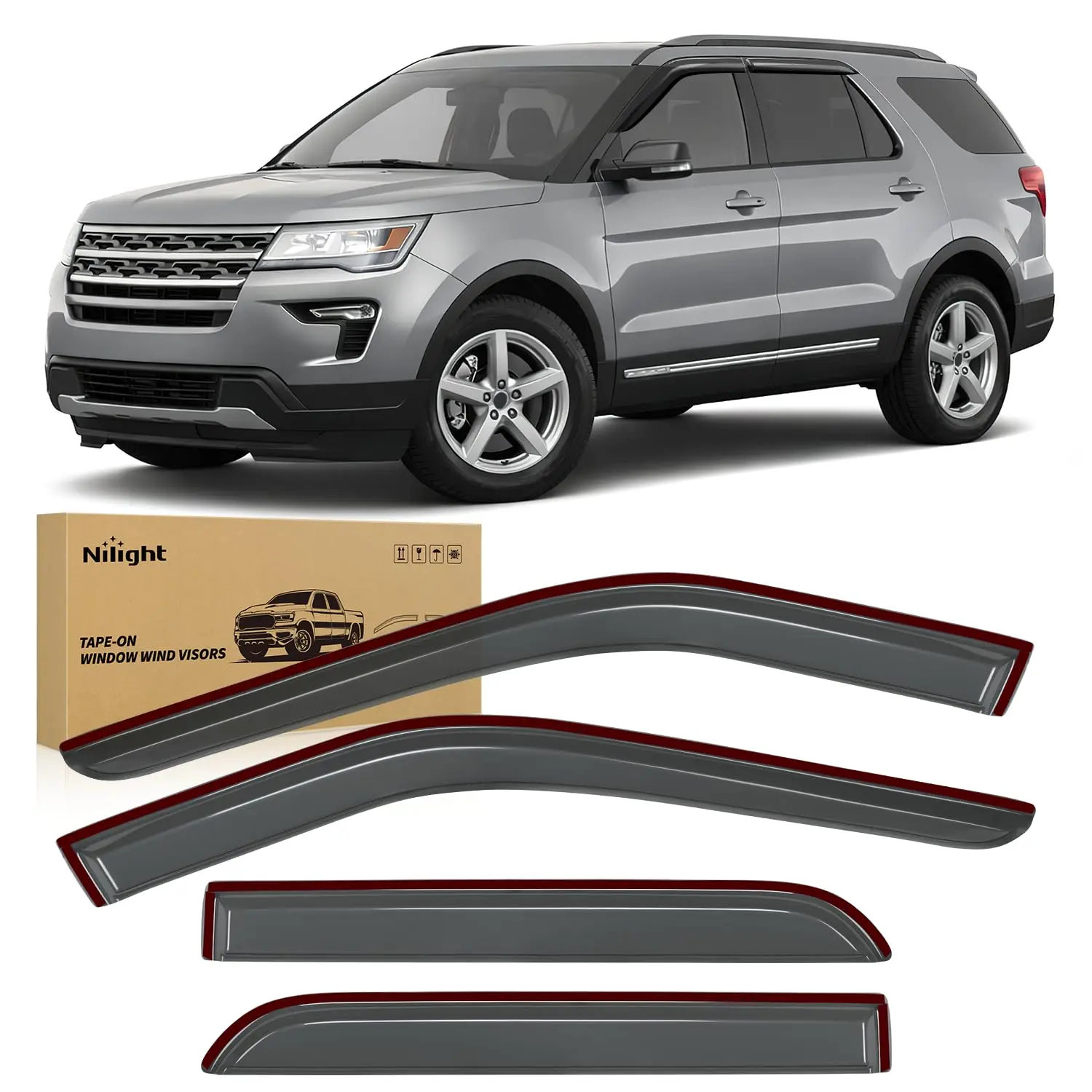 Nilight Acrylic Wavy-Shape Tape-On Rain Guards, 4-Piece Adhesive Tape Window Visors for Ford Explorer 2011-2019 4-Door SUV, Out-Channel Wind Deflectors for Rain Protection, Fog Prevention & Fresh Air, Excludes 2020+ & Sport Trac
