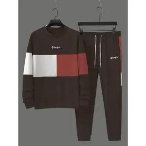 Men's color blocked 2-piece set, casual round neck long sleeved sweatshirt and sweatpants jogging pants set for winter and autumn, men's clothing