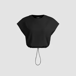 Cider [3 colors, size 2-10] Round Neck Solid Drawstring Short Sleeve Crop Tee