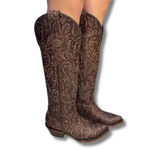 Women's Wide Calf Cowboy Boots with Detailed Paisley Pattern - Fashionable and Stylish Design