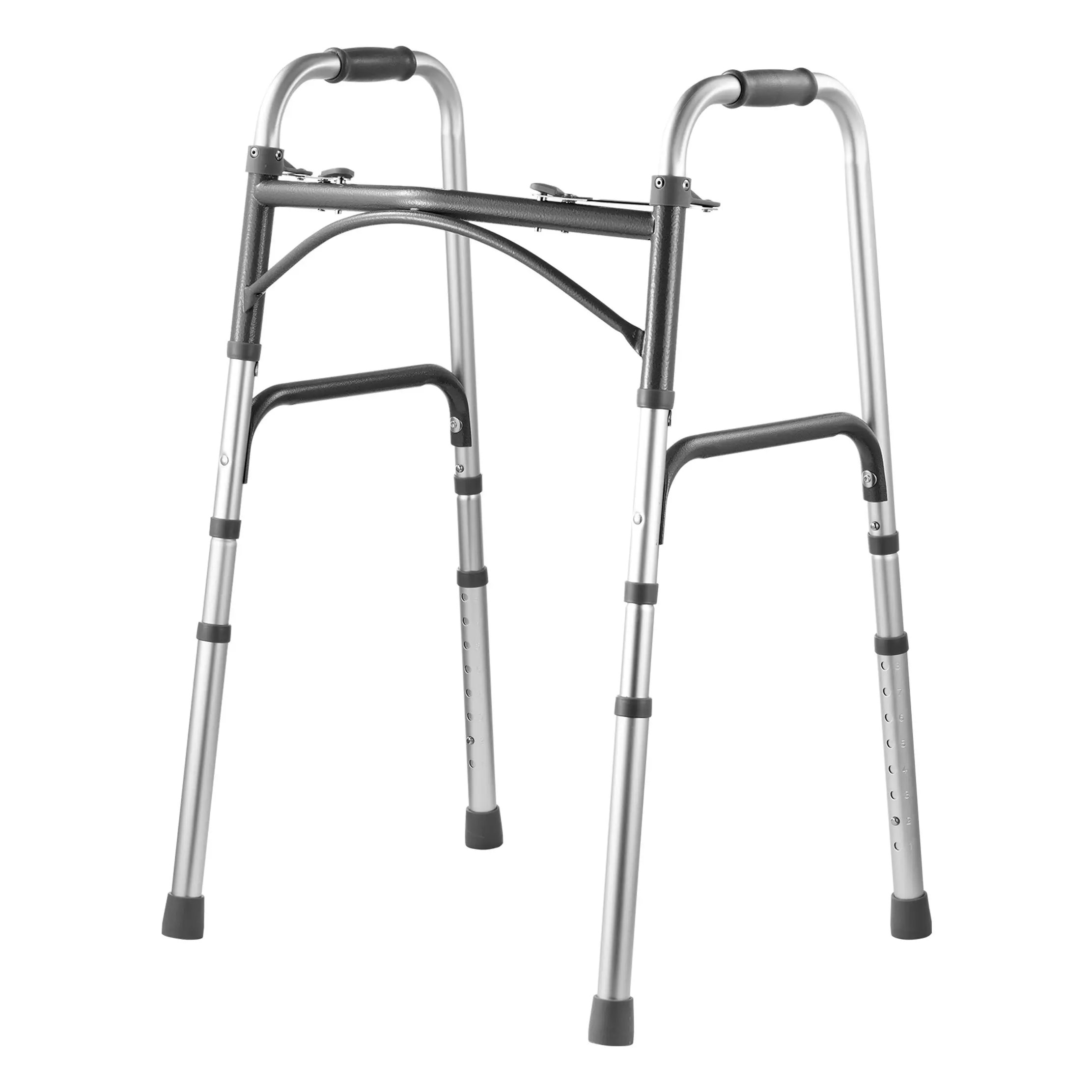 VEVOR Collapsible Folding Walker, 2-Button Foldable Design, 8-Level Adjustable Height, Anti-Skid Sturdy Handles, Lightweight Aluminum Mobility Aid, Travel Size for Outdoors/Indoors, Storage-Friendly, Supports Up to 350 lbs, for Adults