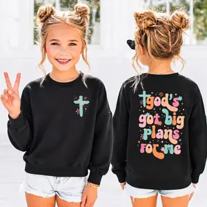 God's Got Big Plans For Me Kids Crewneck Sweatshirt Double Sided Pastel Wavy Bubble Cross Flower Star  Lightweight Non Fleece Black Toddler Girls Christian Faith Casual Pullover