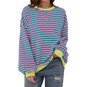 NewWomen Striped Sweatshirt Color Block Crew Neck Long Sleeve Shirt Casual Pullover Top Fall Y2K Clothes Cotton Crewneck free people  outfits