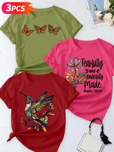 Women's 3-Pack Casual Short Sleeve Crew Neck T-Shirt, Monarch Butterfly/Floral Quote/Tribal Hummingbird Print, Multiple Colors, Machine Washable, Spring & Summer Top, Soft Skin-Friendly Fabric, Daily Wear, Fashion Design