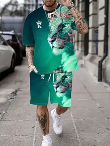 Men's Fashion Casual Tropical Sports Set, Lion Head 3D Printed Short Sleeve T-Shirt + Shorts Two-Piece, Loose Breathable Streetwear, Matching