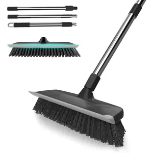 Duty Scrub Brush with Long Handle, Stainless Handle, Stiff Bristles & Squeegee Scraper, Concrete Scrubber for Concrete Deck Tile