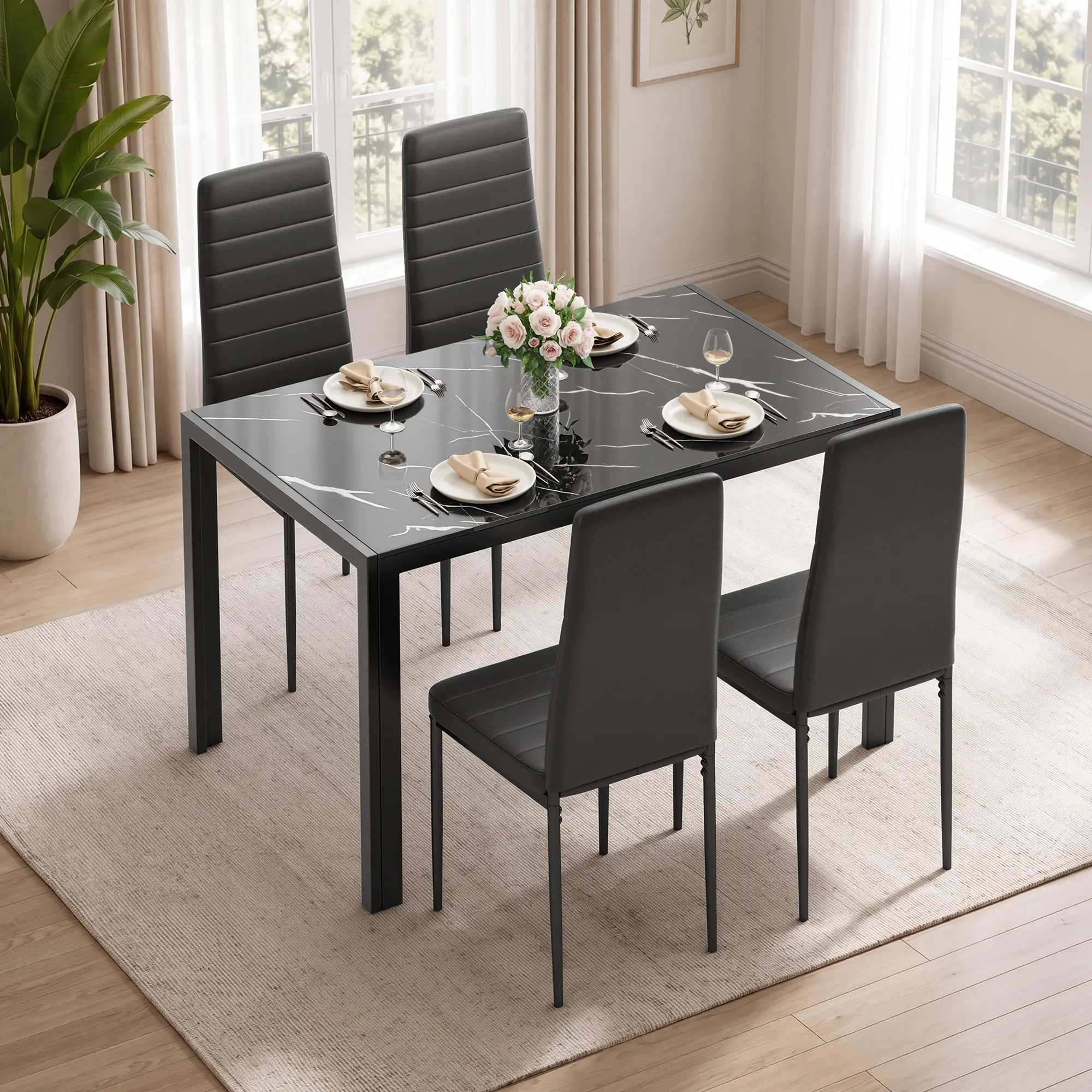 Gizoon Glass Dining Table and Chairs Set for 4 or 6, 5-Piece or 7-Piece Kitchen Dining Set with PU Leather Padded High-Back Chairs, Modern Rectangular Space-Saving Furniture for Dining Room and Apartment