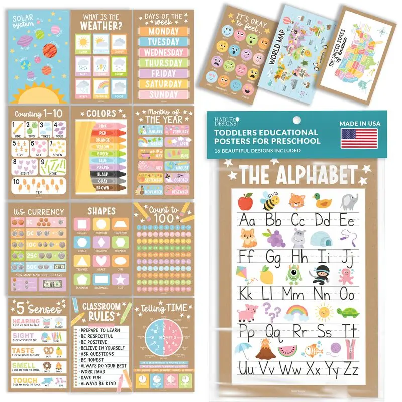 Hadley Designs 16 Educational Posters for Classroom - Toddler Learning Posters for Preschool and Kindergarten
