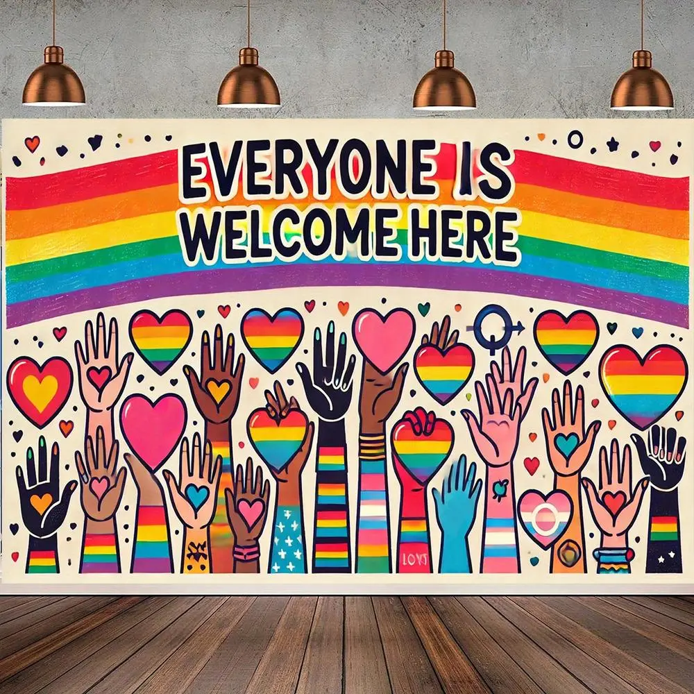 1pc 2D Flat Rainbow Welcome Banner - Durable Polyester Backdrop, Party Decorations Banners for LGBT Pride, Ceremony, Christmas, Birthday Events, Home Supplies with "Everyone is Welcome Here" Design, Rainbow Hearts, Colorful Hands