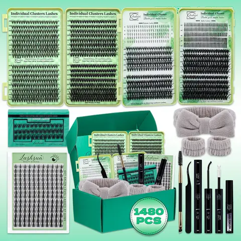1480PCS/650PCS/640PCS Kit Eyelash Extension D Curl 9 Styles Bottom/Spikes/Natural Lashes Kit with Bond&Seal Lash Remover Brush Lash Applicator Headband Wristband set, Eyelash Extensions Kit, Eyelash Extension Supplies