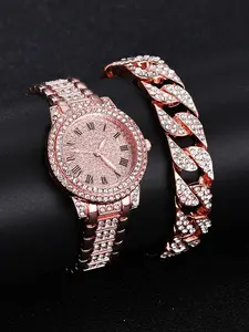Women's Elegant Rhinestone Decorated Quartz Watch & Bracelet, Exquisite Trendy Wristwatch & Matching Bracelet, Fashionable Watch Set As Gift without Box, Jewelry Watch Set