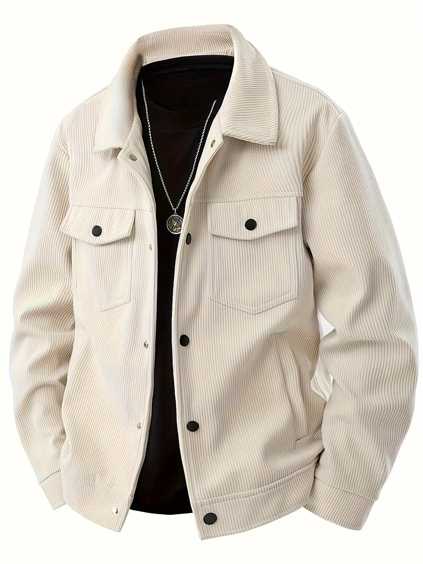 Men's Vintage Gorpcore Woody City Stripe Corduroy Jacket - Menswear Casual Long Sleeve Top, Marlon-Inspired Button-Down Lapel Coat with Chest Pockets, Cream Beige Daily Outerwear