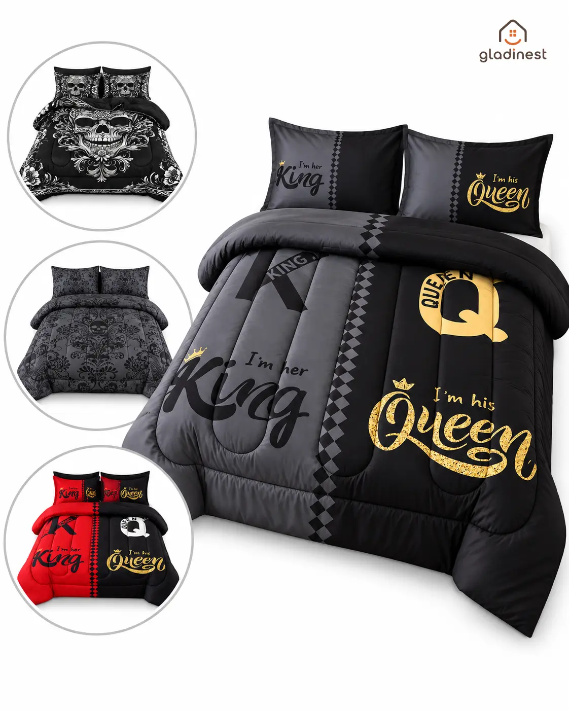 Gladinest 3PCS Skull Crown Quilt Set, Black & Grey Color Block Comforter Set with 2 Pillowcases, 180GSM Thick Padded Bedding, 2D Digital Print Bed Set for Bedroom, Dorm & Home Decor
