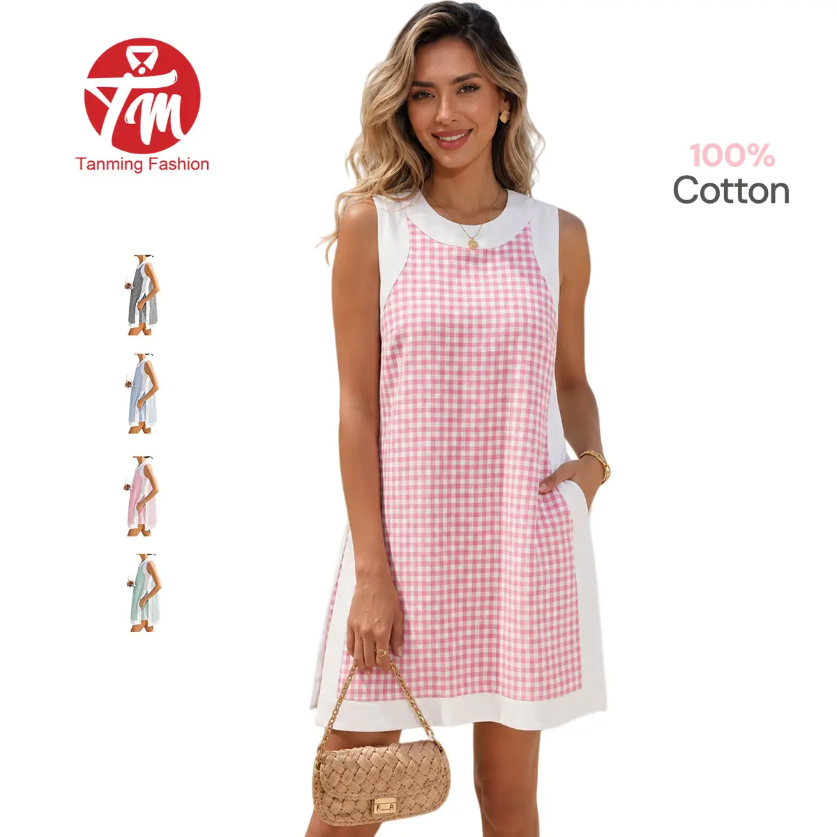 Tanming Women's Chic Loose Modest 2-Piece Plaid Gingham Lounge Set - Sleeveless Crew Neck Top with Pockets, Matching Shorts - Lightweight Casual Summer Women's Clothes for Daily Wear, Home Use
