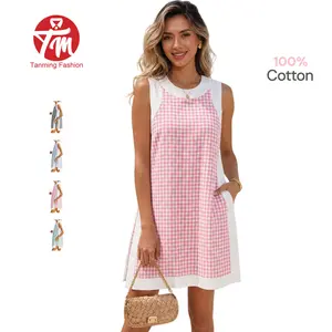 Tanming Women's Modest 2-Piece Gingham Lounge Set - Sleeveless Crew Neck Top with Pockets, Matching Shorts - Lightweight Casual Summer Outfit for Daily Wear, Home Use